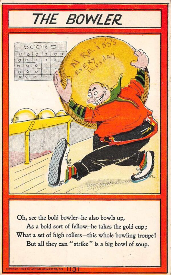Bowling Greetings Humor Man with Giant Bowling Ball Comic Postcard AA84337