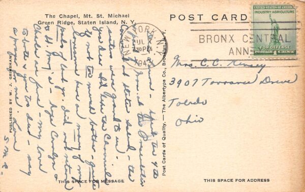 Staten Island New York Chapel, Mt. St. Michael, Green Ridge, Vintage PC U14313 - Image 2