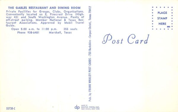 Marshall Texas Gables Restaurant and Dining Room Vintage Postcard AA76114 - Image 2