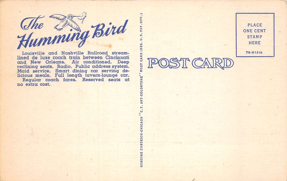 Lousiville Nashville Railroad Humming Bird Streamliner Train Postcard AA76159 - Image 2