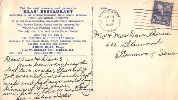 Cicero Illinois Klas Czech American Restaurant Multiview Long Postcard AA76188 - Image 2