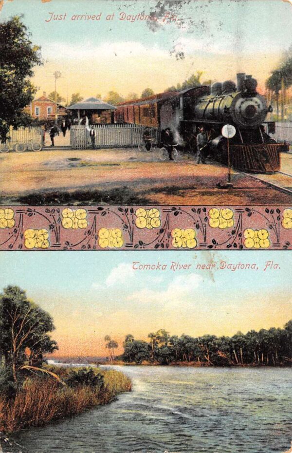 Daytona Florida Train Arriving & Tomoka River, Multi-View Lithograph PC U14430