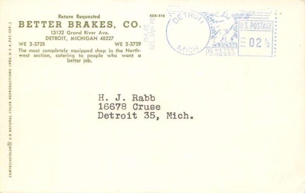 Detroit Michigan Better Brakes Company, Photochrome Vintage Postcard U14441 - Image 2