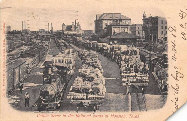 Houston Texas Cotton Scene In Railroad Yards, Bottom Corner Missing, PC U14446