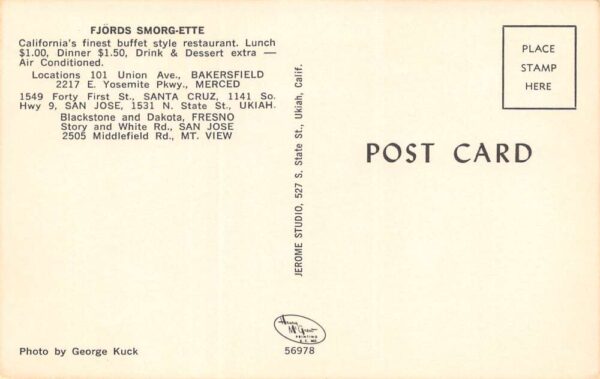 Bakersfield California Fjords Smorg-Ette Buffet, Photochrome Vintage PC U14449 - Image 2