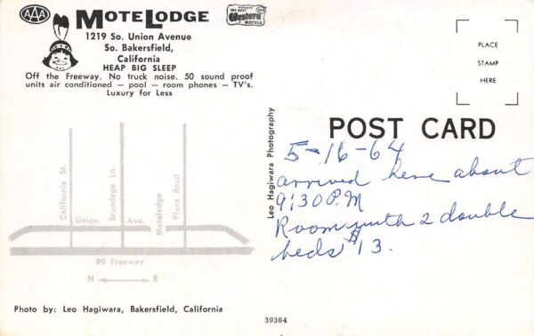 South Bakersfield California MoteLodge, Photochrome Vintage Postcard U14456 - Image 2