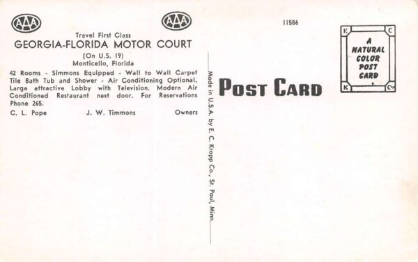 Monticello Florida Georgia-Florida Motor Court, Multi-View Chrome PC U14458 - Image 2