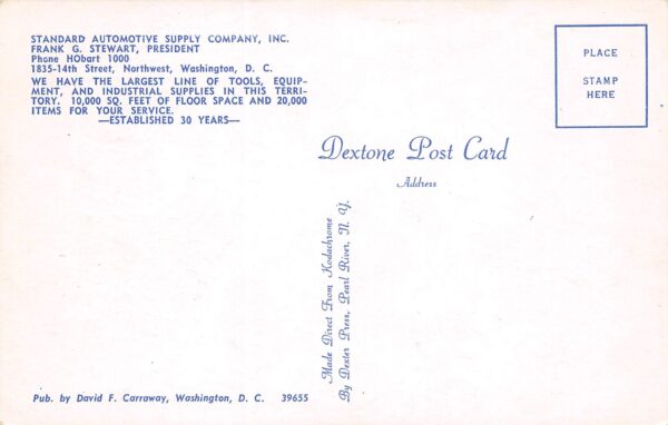 Washington D.C. Standard Automotive Supply Co., Chrome Vintage Postcard U14694 - Image 2
