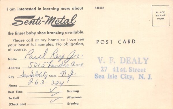 Sea Isle City New Jersey Senti-Metal Baby Shoe Bronzing Service Ad, PC U14962 - Image 2