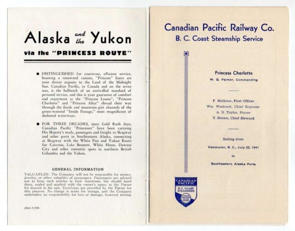 Alaska Princess Line 1941 Princess Charlotte Passenger List Vintage AA76786 - Image 2