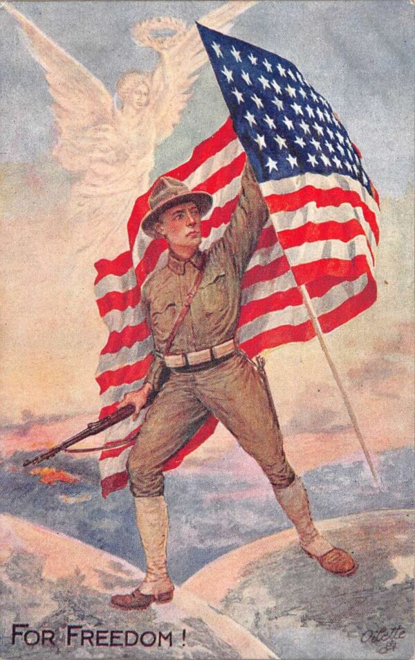 Patriotic Greetings Solder with Flag Angel "For Freedom!" Tuck Postcard AA76793