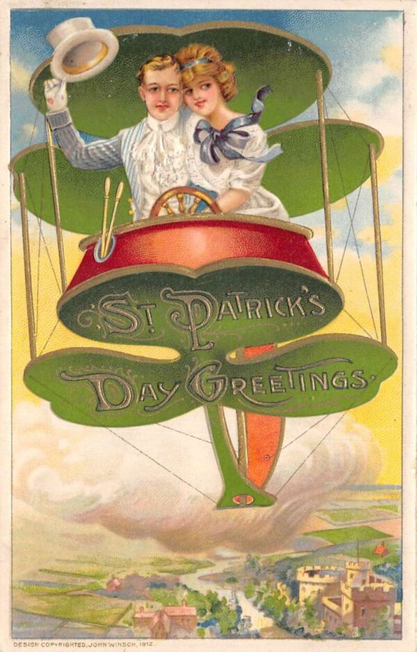 St Patricks Greetings Clover Shaped Airship Airplane Winsch Postcard AA76848