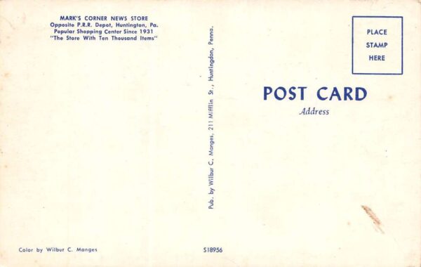 Huntington Pennsylvania Mark's Corner News Store, Chrome Vintage Postcard U15038 - Image 2