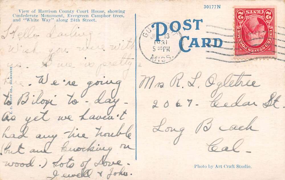 Gulfport Mississippi Harrison County Court House, White Border Vintage PC U15066 - Image 2