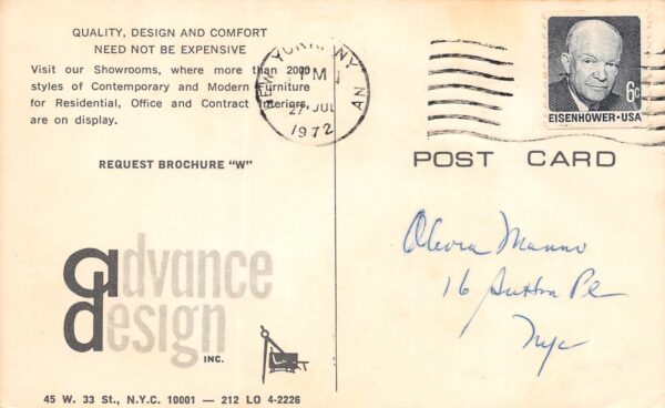 New York City New York Advance Design, Inc. Showroom, Chrome, Vintage PC U15085 - Image 2