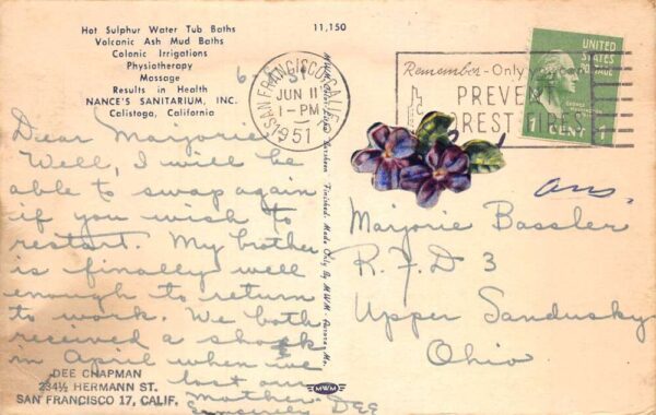 Calistoga California Nance's Sanitarium Vintage Postcard AA76897 - Image 2