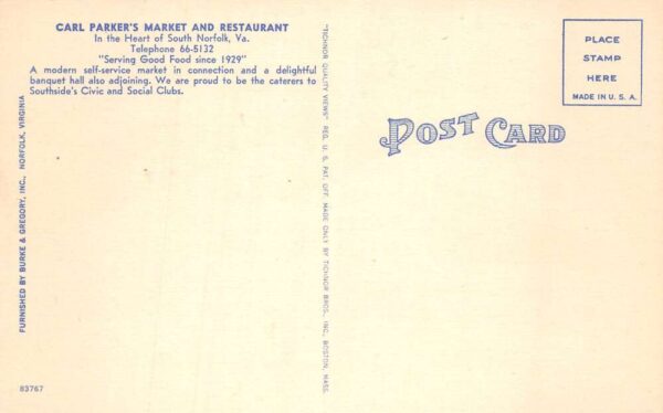South Norfolk Virginia Carl Parker's Market and Restaurant Postcard AA76914 - Image 2