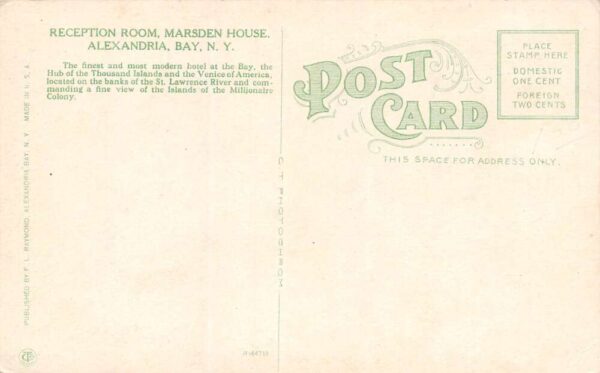 Alexandria Bay New York Reception Room, Marsden House, Vintage Postcard U15215 - Image 2