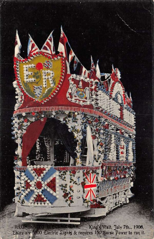 Leeds England Kings Visit 1908 Illuminated Electric Car Vintage Postcard AA77200