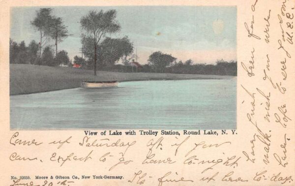 Round Lake New York View of Lake with Trolley Station Vintage Postcard AA77355