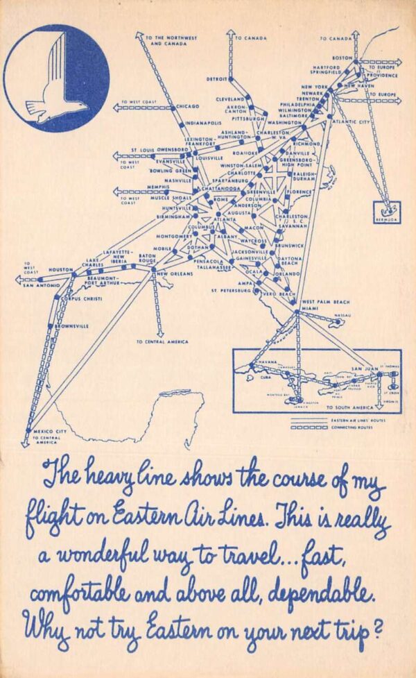 Eastern Air Lines Airplane Travel Route Map Greetings Vintage Postcard AA77430