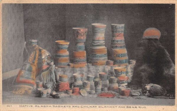 Alaska Native American Baskets and Chilkat Blanket Bear Rug Postcard AA77456
