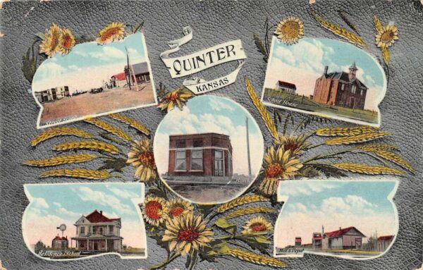 Quinter Kansas Multiview Train Station School Bank Postcard AA77529