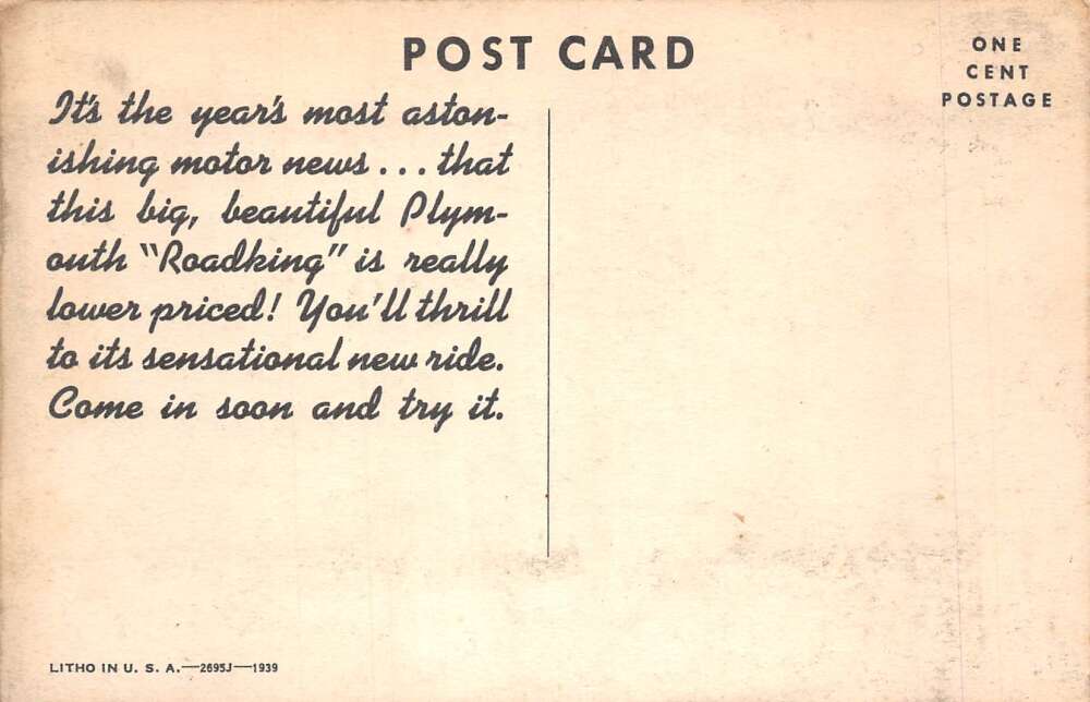 Plymouth Roadking 1939 Passenger Sedan Car Advertising Vintage Postcard AA77533 - Image 2