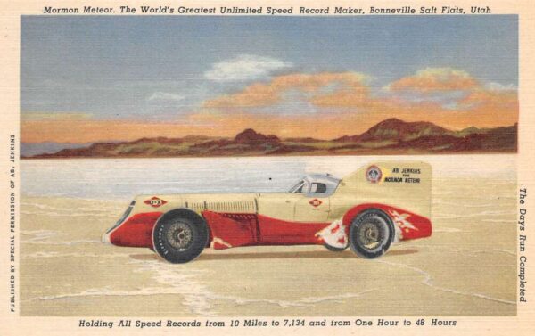 Utah Bonneville Salt Flats Mormon Meteor Race Car Linen Vintage Postcard AA77561