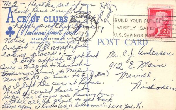 Madison Wisconsin Ace of Clubs Bar and Grill Vintage Postcard AA77568 - Image 2