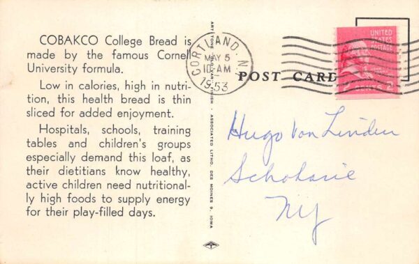 Cortland New York Cobakco College Bread Bakery Vintage Postcard AA77574 - Image 2