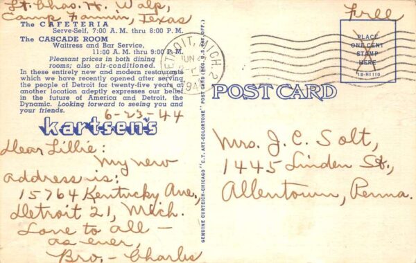 Detroit Michigan Kartsen's Cafeteria Cascade Room Vintage Postcard AA77601 - Image 2