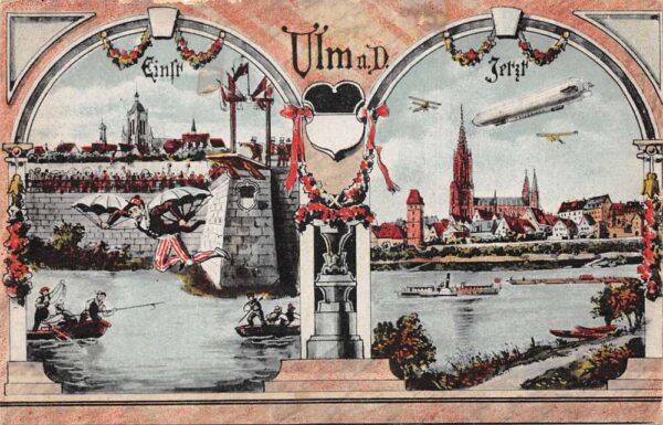 Ulm Germany Airship Zeppelin Early Parachute Vintage Postcard AA77746