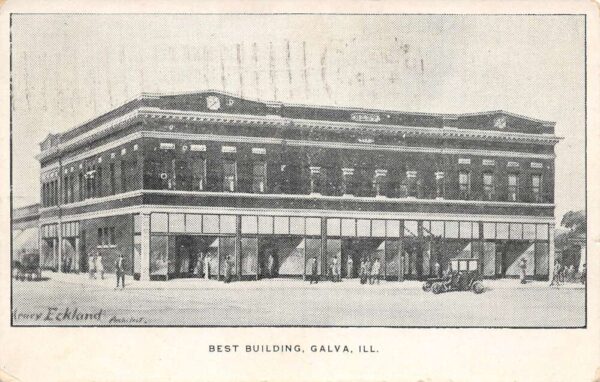 Galva Illinois Best Building, B/W Lithograph Vintage Postcard U15541