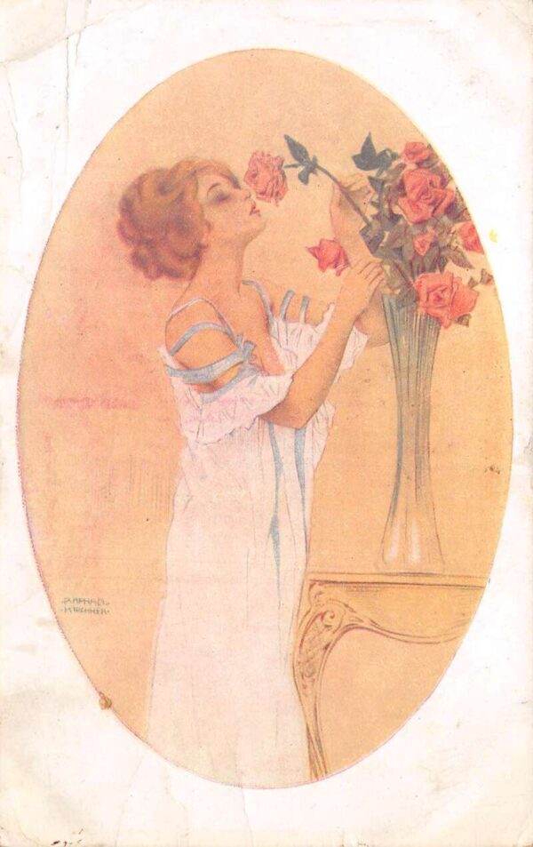 Lady Smelling Roses Signed Raphael Kirchner Vintage Postcard AA79385
