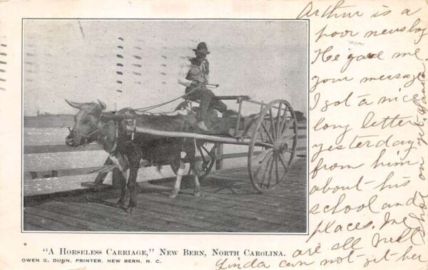 New Bern North Carolina Horseless Carriage Ox Cart Vintage Postcard AA79400