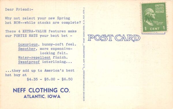 Atlantic Iowa Neff Clothing Portis Mens Hats Ad Postcard AA79415 - Image 2