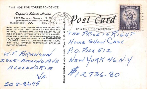 Washington DC Logans Steak House Dining Room Vintage Postcard AA79433 - Image 2