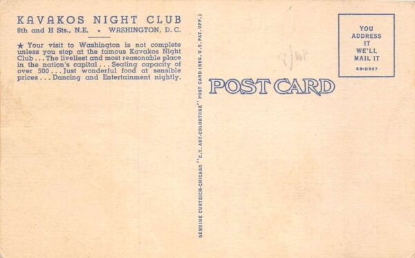 Washington DC Club Kavakos Linen Vintage Postcard AA79436 - Image 2