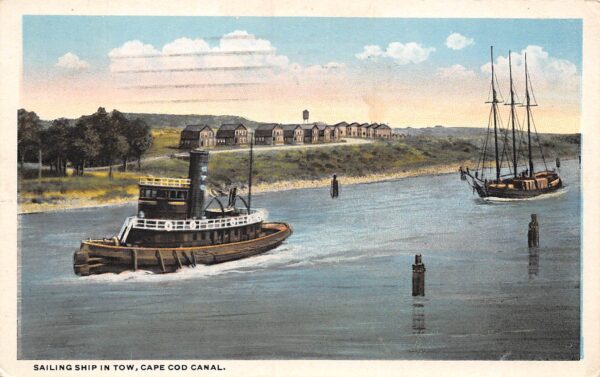 Cape Cod Massachusetts, Sailing Ship In Tow, White Border, Vintage PC U16696