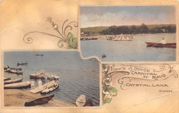Crystal Lake Connecticut Views, Canoe Carnival at Rau's, Hand Colored PC U16736