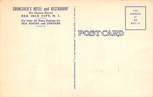 Sea Isle City New Jersey Cronecker's Hotel & Restaurant, Color Linen PC U16797 - Image 2