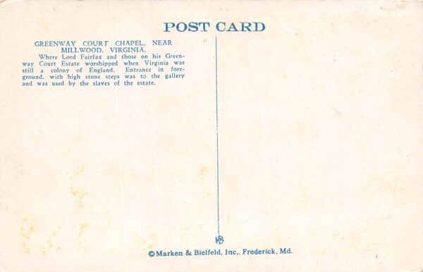 Millwood Virginia Greenway Court Chapel, White Border, Vintage Postcard U16803 - Image 2