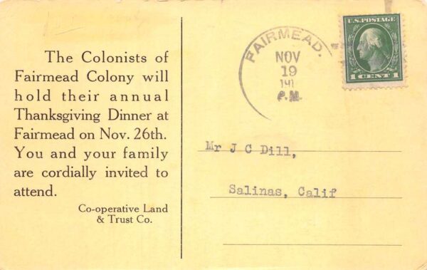 Fairmead California Williams Ranch Turkeys Thanksgiving Ad Postcard AA80912 - Image 2