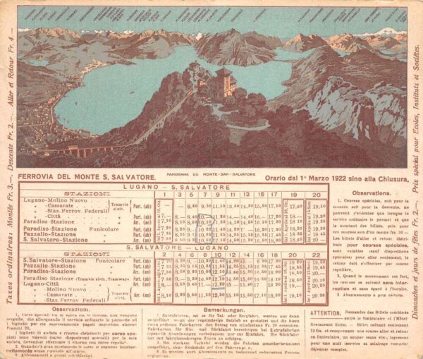 Monte San Salvatore Swtizerland Incline Railway March 1922 Schedule AA80931 - Image 2