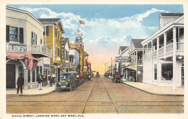 Key West Florida Duval St., Looking W., White Border, Vintage Postcard U17792