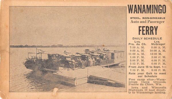 Prairie du Chien Wisconsin Wanamingo Auto Car Ferry Boat Postcard AA82354