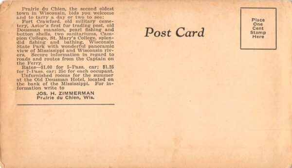 Prairie du Chien Wisconsin Wanamingo Auto Car Ferry Boat Postcard AA82354 - Image 2
