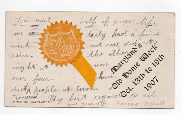 Baltimore Maryland 1907 Old Home Week Greetings Ribbon Postcard AA82424