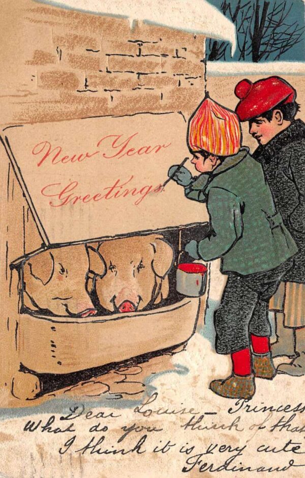 New Year Greetings Boys Painting Sign Pig Farm PFB Vintage Postcard AA82582